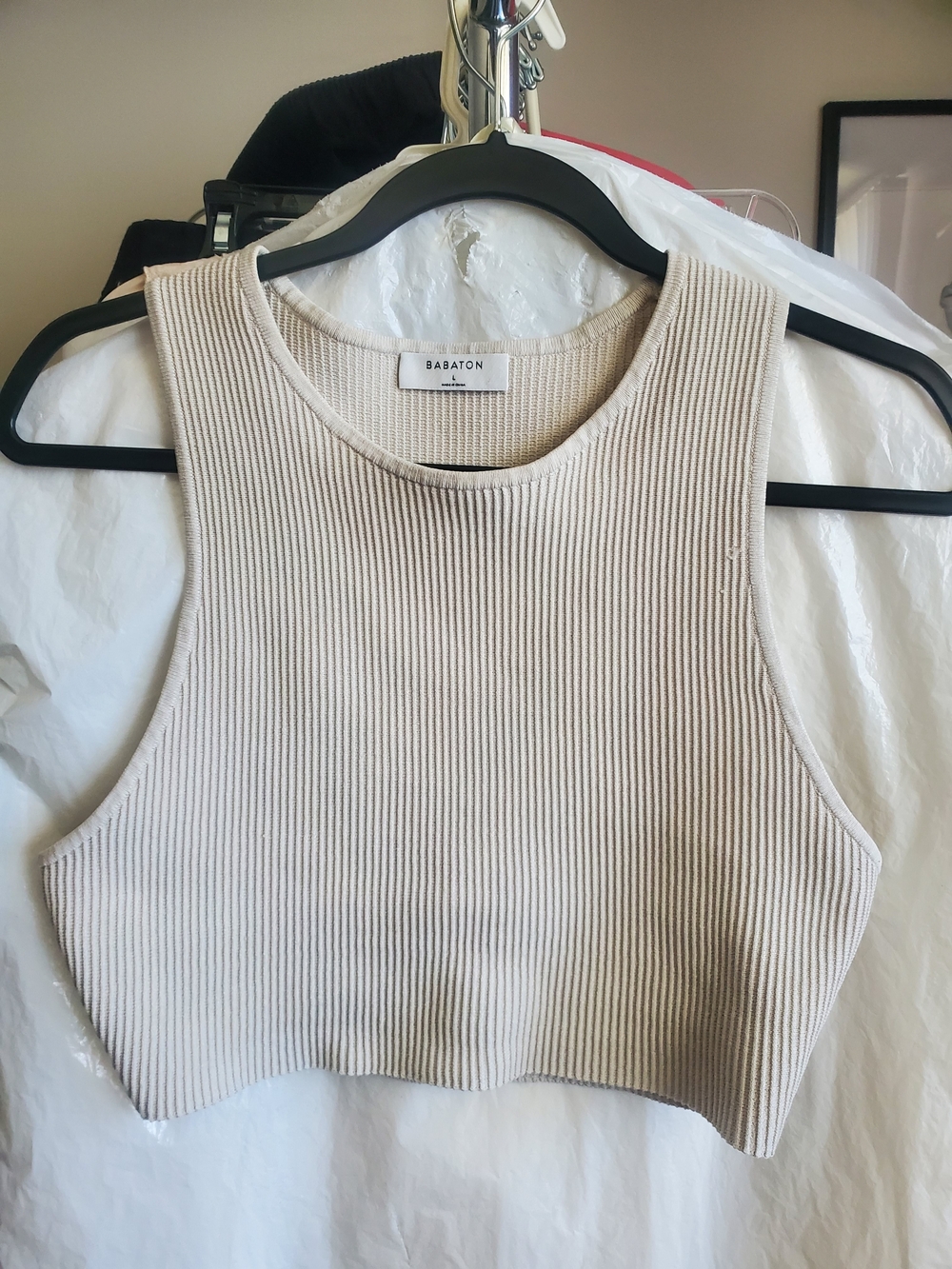 Babaton Aritzia  Knit Racer Cropped Crewneck Tank Racerback in Beige